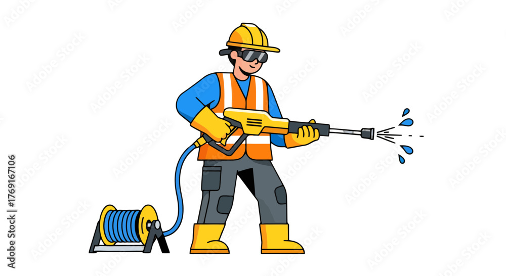 Fototapeta premium Cartoon Illustration Showing Contractor Utilizing A Pressure Washer For Cleaning Tasks