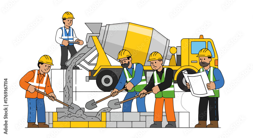 Fototapeta premium Construction Crew Pouring Concrete on a Building Site with Equipment and a Cement Truck