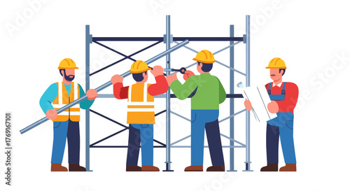 Construction Crew Assembling Scaffolding Eagerly Working Together On Their Project
