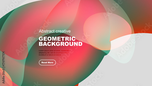 Abstract geometric background features vibrant color blends, flowing shapes, text overlay, plus button. Modern design elements present.