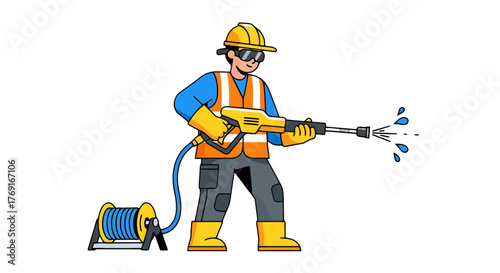 Cartoon Illustration Showing Contractor Utilizing A Pressure Washer For Cleaning Tasks
