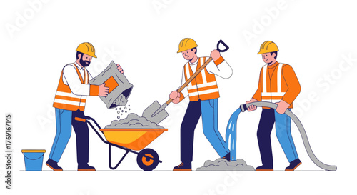 Construction Crew Working Together on a Concrete Project with Construction Tools