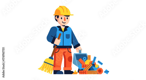 Cartoon Janitor Cleaning Debris With Broom And Toolbox On Black Backdrop Illustration
