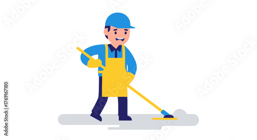 Cartoon Janitor Wiping the Floor Concept Representing Cleanliness and Hygiene in Style
