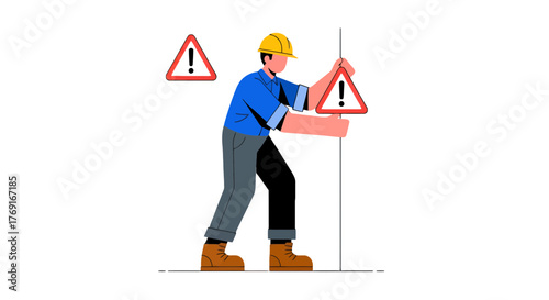 Construction Worker Displaying Symbols of Potential Hazards and Dangerous Situations