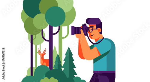 Cartoon Photographer Capturing Deer Amidst Forest Elements and Trees in Nature Scene