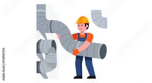 Cartoon Plumber Carrying Ductwork for Ventilation System Installation Illustration