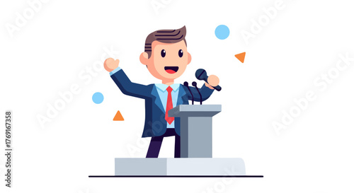 Cartoon Politician Giving A Public Speech And Using A Microphone On Black Background