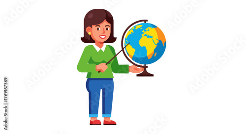 Cartoon Teacher Explaining Geography Concepts With A Globe Visualization For Education