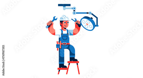 Cartoon Technician Fixing Spotlight with Tools on a Black Background Illustration