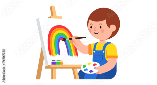 Cartoon Young Artist Painting a Vibrant Rainbow on Canvas with Cheerful Expression