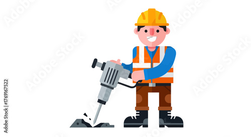 Cheerful Construction Worker Using a Jackhammer on Black Background Vector Illustration