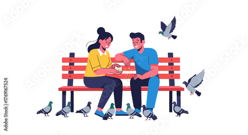 Couple Bonding While Sharing Food With Pigeons In A Park On A Sunny Day
