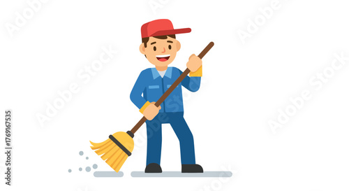 Cheerful Janitor Sweeping Vector Illustration on Black Background For Diverse Purposes