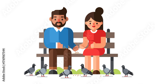 Couple Bonding While Sharing Food With Pigeons, A Moment Of Togetherness Outdoors