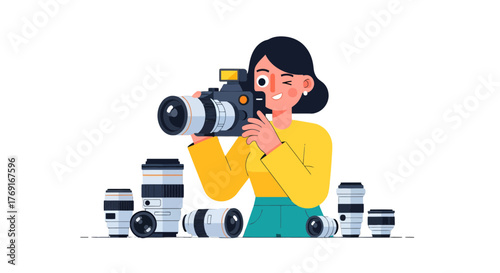 Cheerful Photographer with Camera and Additional Lenses in Vector Style Artwork