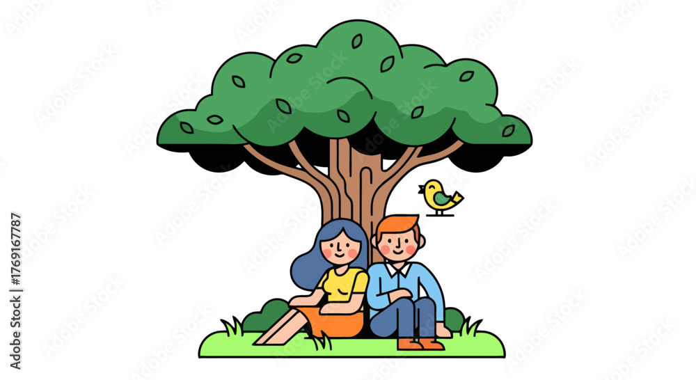 Obraz premium Couple Resting Under a Tree With a Bird, Illustration of Love and Peace