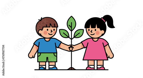 Children Hand In Hand Planting A Tree Showing Environmental Responsibility With Happiness