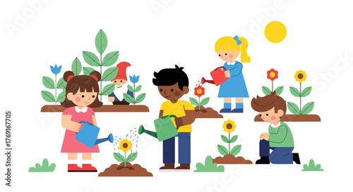 Children Gardening Together Under The Sun in a Whimsical and Bright Garden Scene