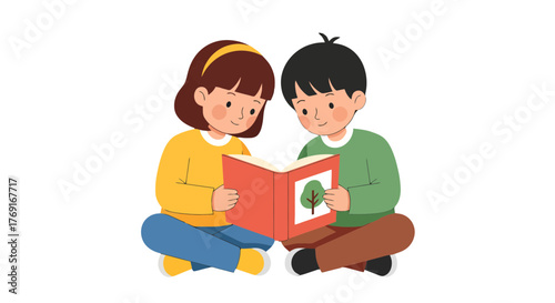 Children Reading A Book Together Depicted In A Flat, Colorful Illustration Style