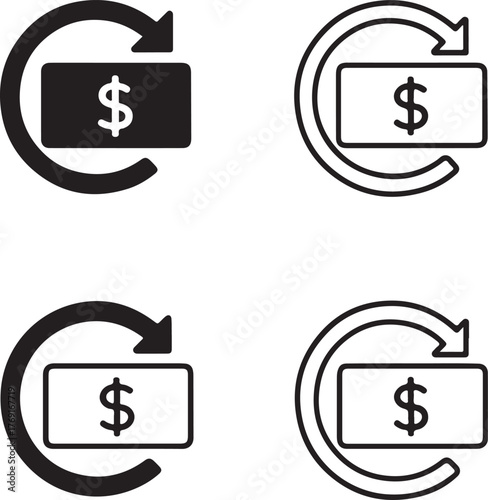 Isolated cashback icon set, black cashback vector, finance money return symbol, minimal black line and solid design, editable cashback vector art for money, return, and business