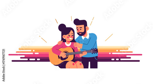 Couple Learning Together And Struming a Guitar With Vibrant Sunset Backdrop
