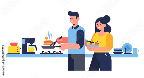Couple Preparing Breakfast Together With Pancakes, Illustrative Vector Concept