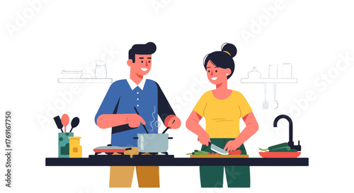 Couple Preparing Food Together in Kitchen, Home Cooking and Preparing a Meal for Dinner