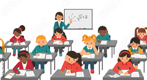 Classroom Scene Illustrating Education Mathematics Teacher Teaching Students With Equations