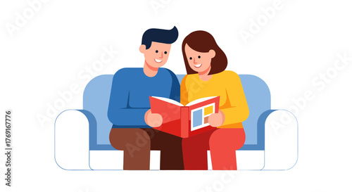 Couple Reading A Book Together While Relaxing On A Cozy Sofa, Sharing Moments