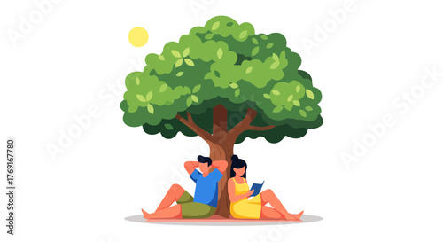 Couple Resting Beneath a Tree Under the Moon Enjoying a Moment of Serenity