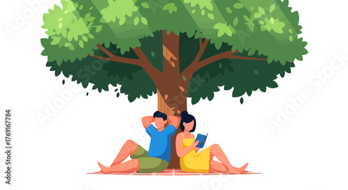 Couple Relaxing Under Shady Tree Reading Book During Sunny Day, Vector Illustration