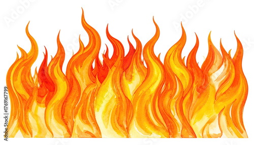 Watercolor illustration of a vibrant, stylized wall of fire