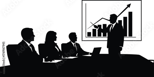 Business meeting with a presentation showing growth chart and attendees in silhouette.