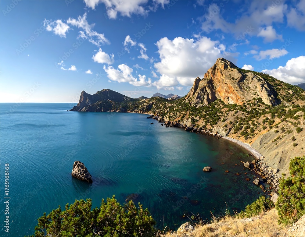 Obraz premium Coastal landscape featuring clear blue sea, dramatic cliffs, and sky