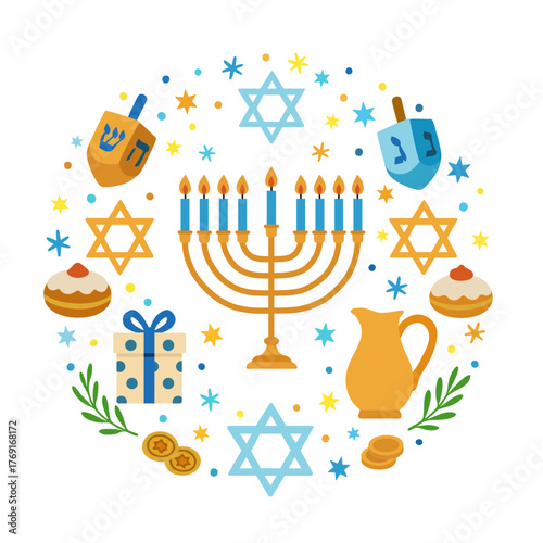 Happy Hanukkah, menorah and traditional Jewish symbols banner design. Vector greeting card for the Festival of Lights or Festival of Eight Candles