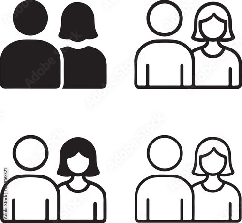 Isolated pairs icon set, black pairs couple vector, relationship pairs symbol, minimal black line outline filled style, editable pairs vector art for match, duo, love, unity, and design