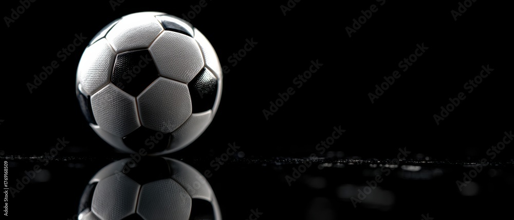 Fototapeta premium Classic black and white soccer ball illuminated by spotlight on a dark background. Minimal studio composition symbolizing sport, competition, and teamwork