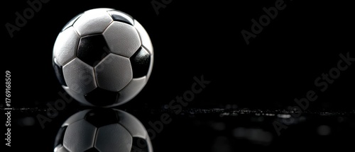 Classic black and white soccer ball illuminated by spotlight on a dark background. Minimal studio composition symbolizing sport, competition, and teamwork