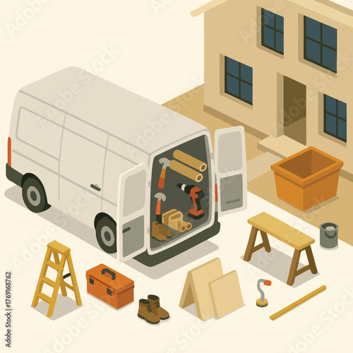 Construction Van and Tools in Yard