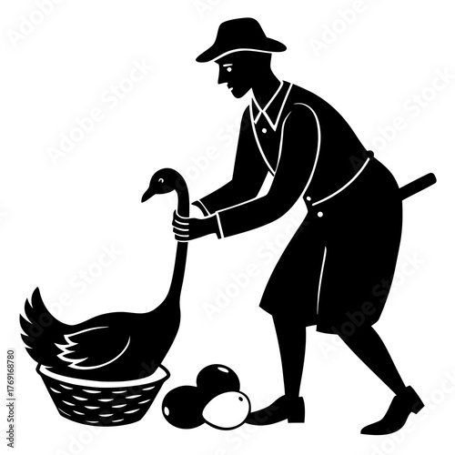 Farmer collecting golden goose eggs from a basket