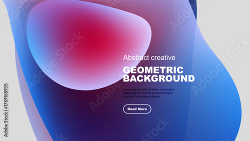 Abstract shapes overlap, creating vibrant color gradients. Text promotes geometric background design, includes call to action.