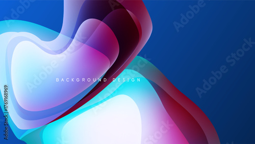 Abstract fluid shapes overlap, creating vibrant color gradients. Dark background emphasizes flowing forms, modern design element.