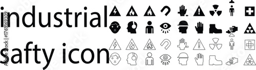 Industrial safety icon set, vectors of workplace protection, personal protective equipment, caution signs, hazard prevention, fire safety, and construction security symbols vector styles, warnings,