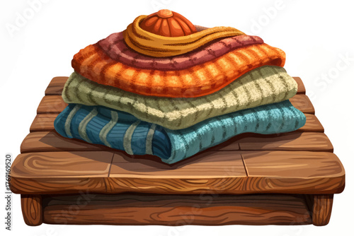 Knitted wool sweater folded neatly on wooden table symbolizing warmth and comfort in winter