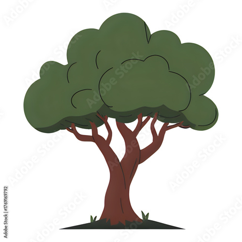 A cartoon illustration of a large, leafy green tree with a thick brown trunk and branches.