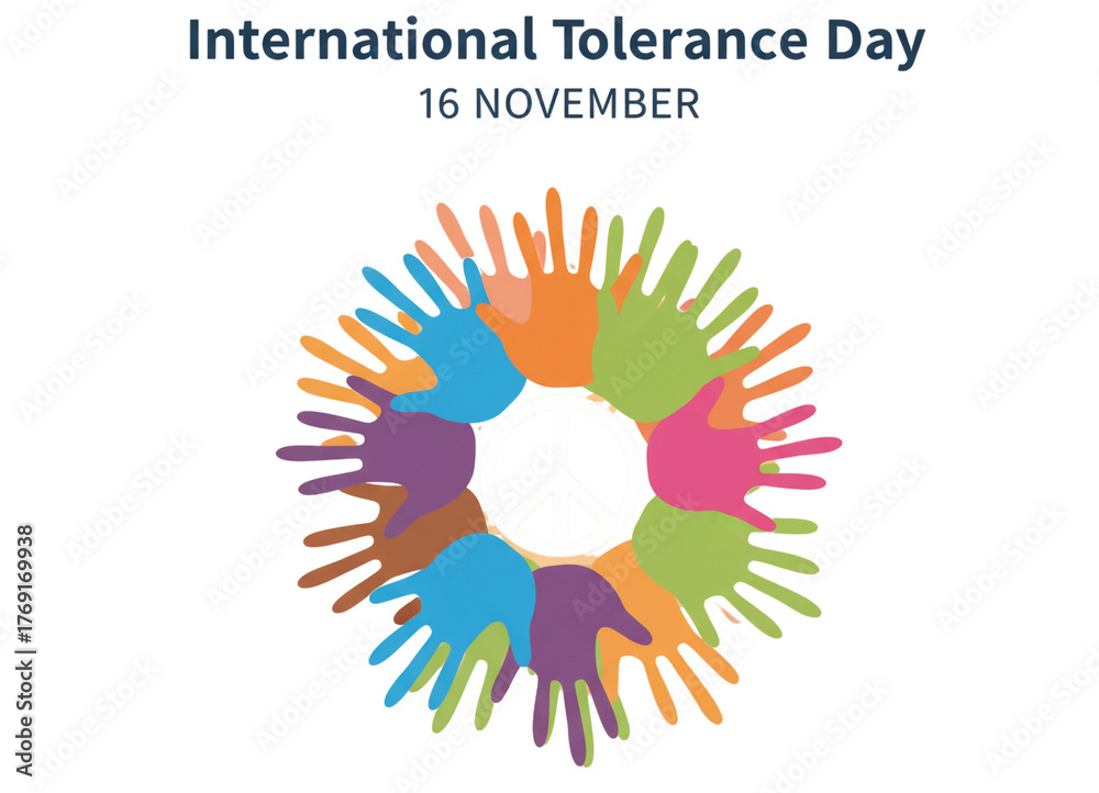 Obraz premium International Tolerance Day: An emblematic representation of International Tolerance Day is depicted, featuring a vibrant wreath of diverse handprints symbolizing unity, acceptance, and respect.