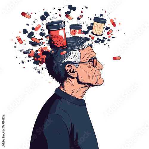 Dementia and memory impairment confuse elderly man who needs pills to improve brain function. Hand drawn style vector design illustrations.   , vector style simple color