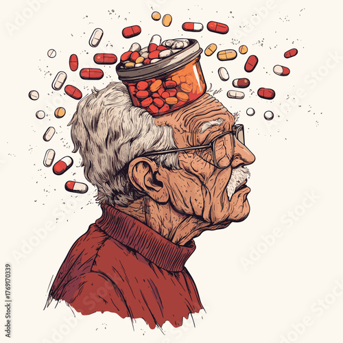 Dementia and memory impairment confuse elderly man who needs pills to improve brain function. Hand drawn style vector design illustrations.   , vector style simple color