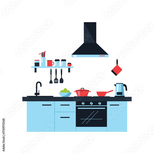 A well organized and fully equipped kitchen with essential cooking appliances and utensils for preparing delicious meals.